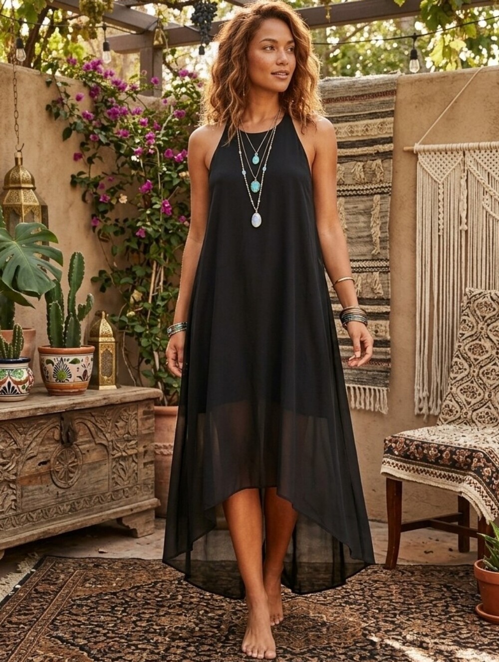 566. Alice + Olivia Black High-Low Chiffon & Lamb Leather Dress - Medium
